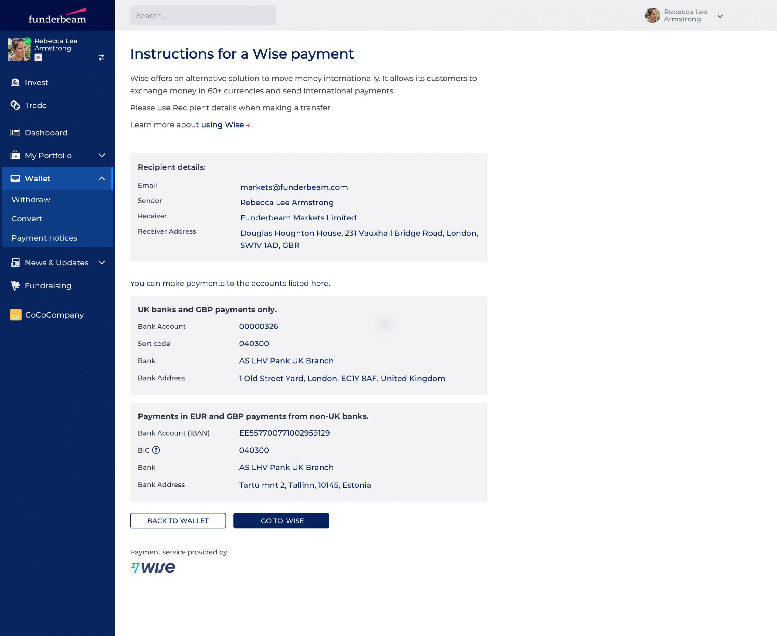 Wise payment information screen